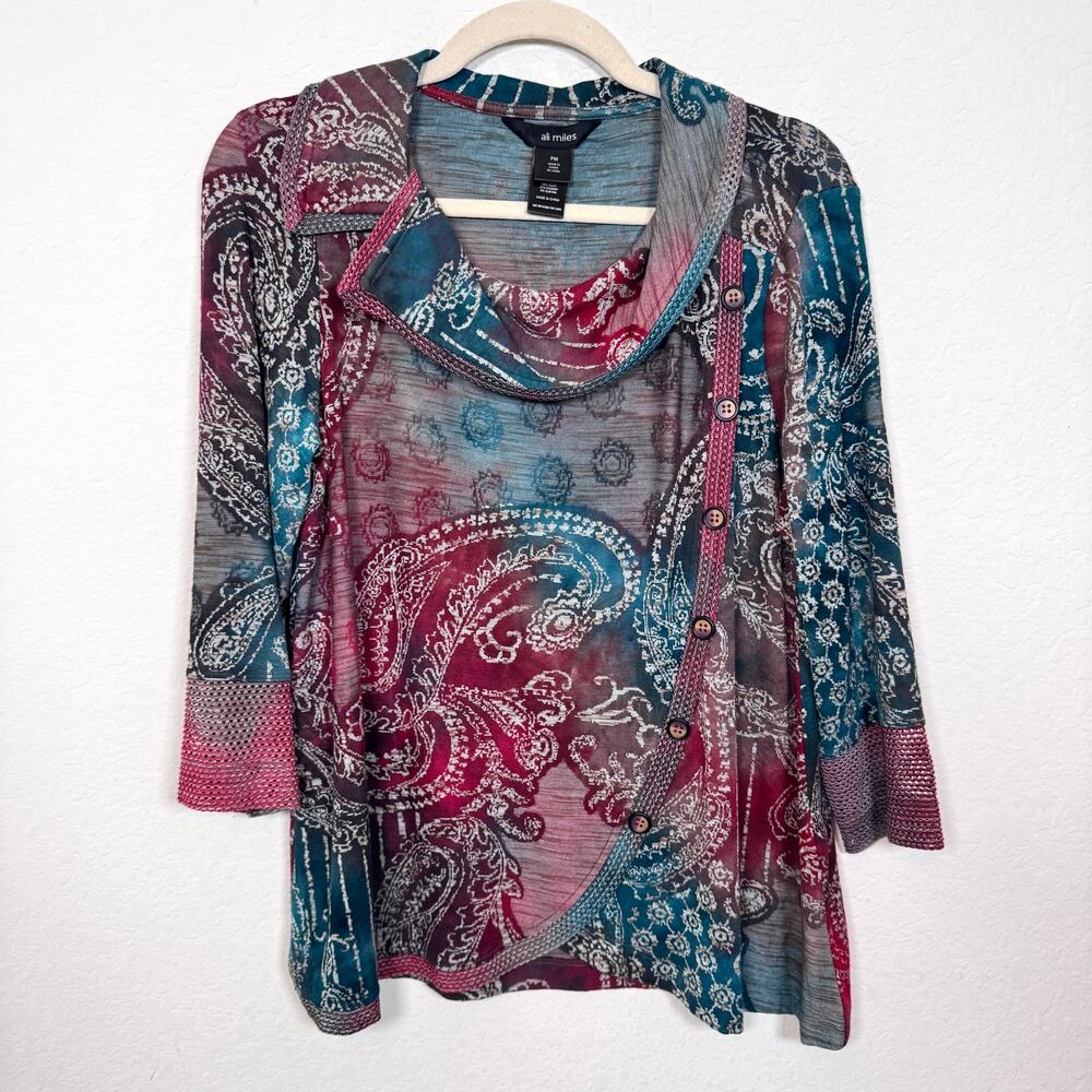 Ali Miles Womens Paisley Blouse Top Size M Petite Artsy Button Lightweight Red